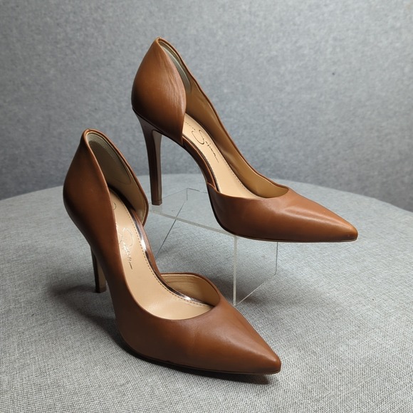 Jessica Simpson Claudette Burnt Umber Brown Leather Pointed Toe Heels 7M - Picture 1 of 8